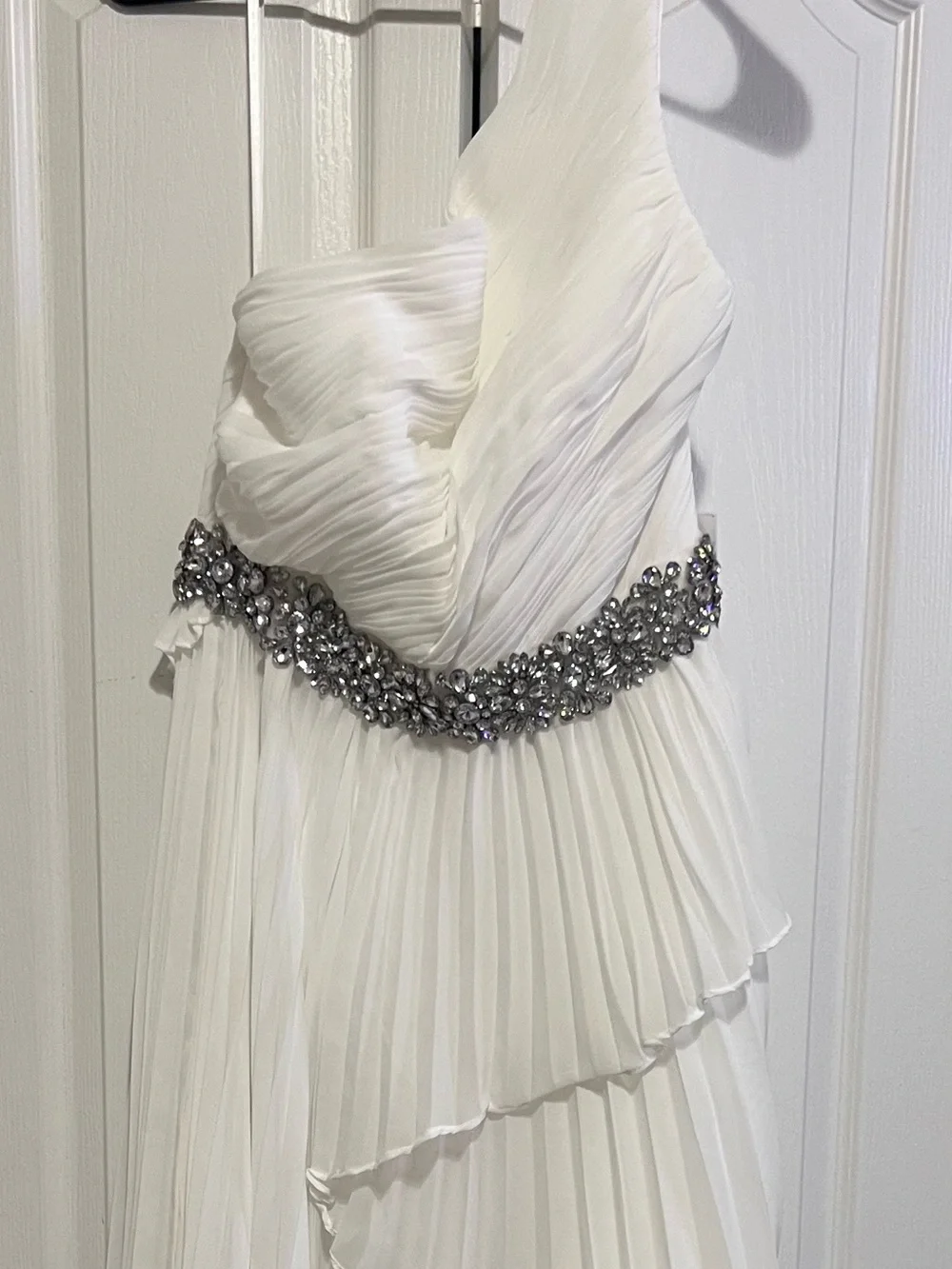 One-Shoulder White High-Low Ruffle Dress with Embellished Waist